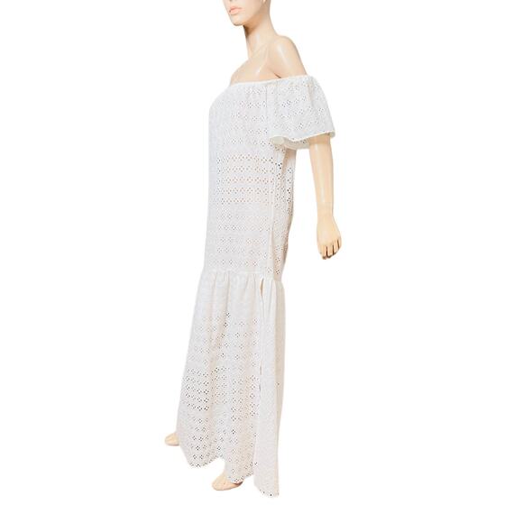 Natural Rough Cotton Off-white Eyelet Maxi Dress Size Fit L Slit on Both Sides - Picture 13 of 15